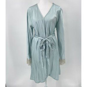 Julianna Rae Silk Satin Robe Lace Detail Wrap Tie sz Medium Robins Egg Blue